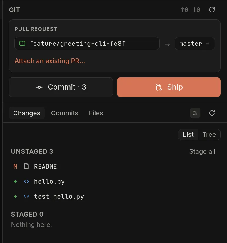 Hyprlayer Git panel: pull request from the workstream branch to master, Commit and Ship buttons, and the three changed files