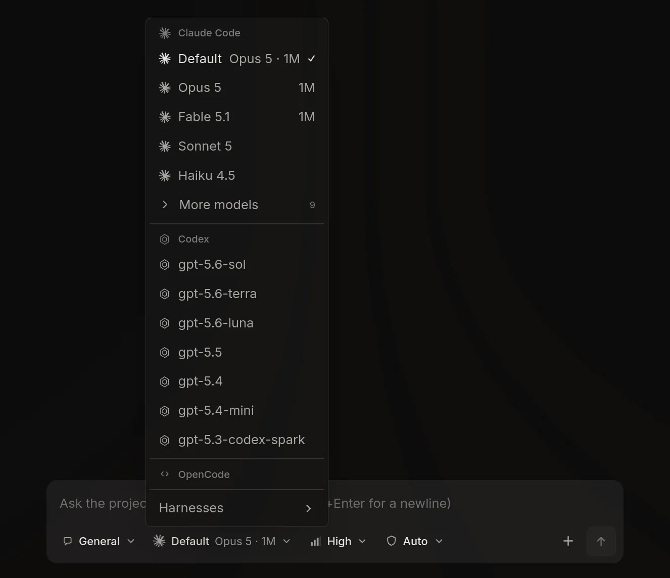 The composer's harness and model picker: Claude Code models, Codex models, and OpenCode, chosen per session